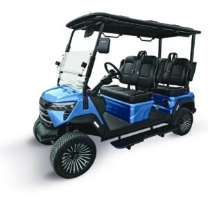 Blue Boca EV Purebred Lifted four-seat lithium electric cart with black seats and running boards