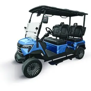 Blue Boca EV Purebred Lifted four-seat lithium electric cart with black seats and running boards