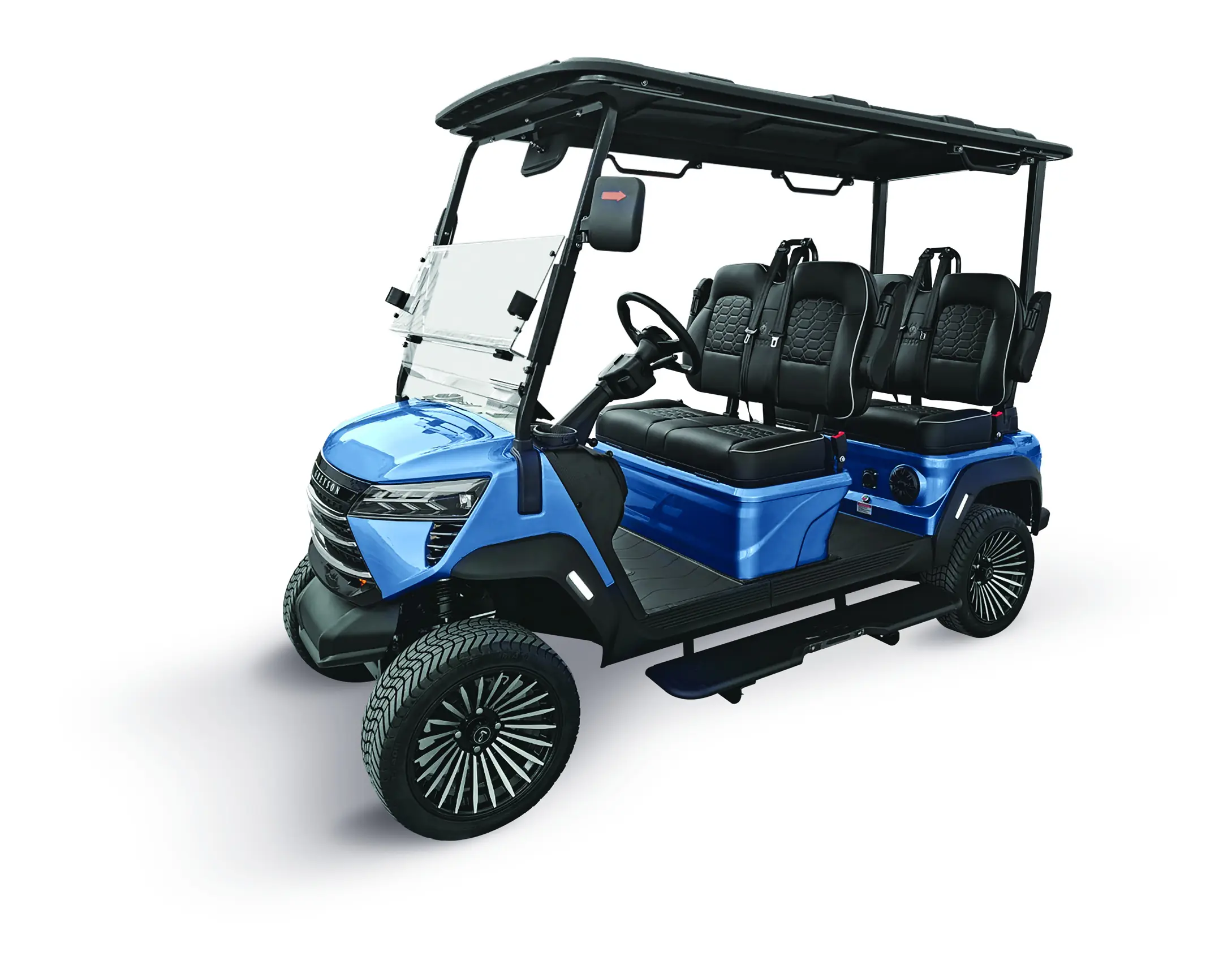 Blue Boca EV Purebred Lifted four-seat lithium electric cart with black seats and running boards