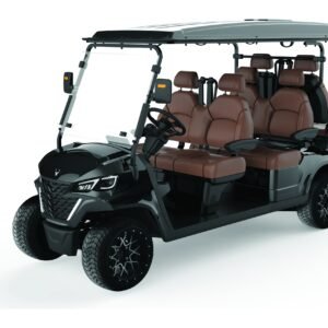 Black Boca EV Stallion Lowered six-seat lithium electric golf cart with brown seats