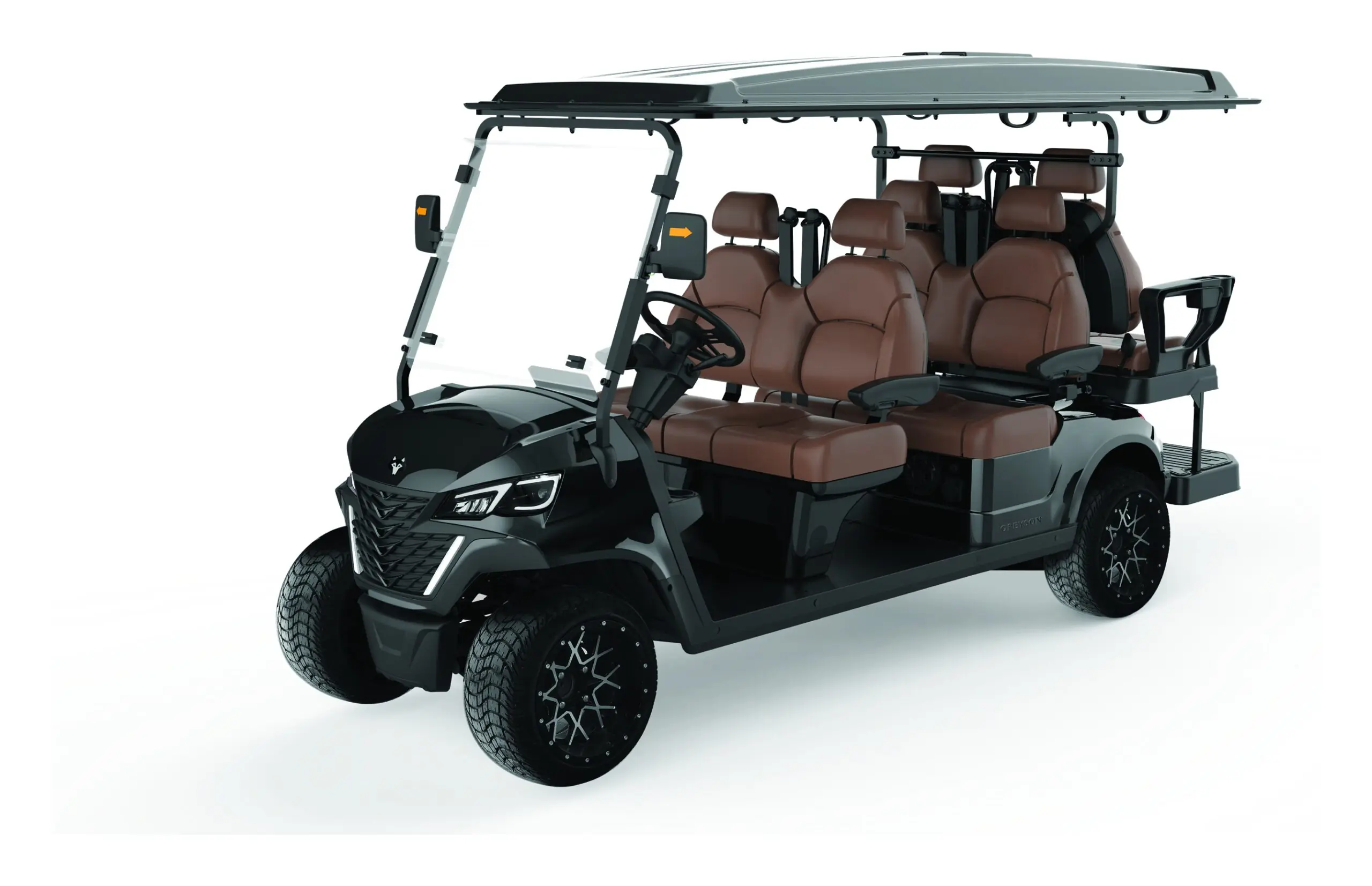 Black Boca EV Stallion Lowered six-seat lithium electric golf cart with brown seats